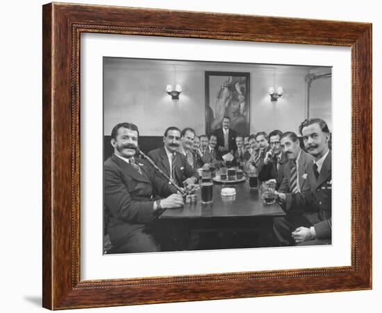 Members of Handlebar Club Sitting at Table and Having Formal Beer Session-Nat Farbman-Framed Photographic Print