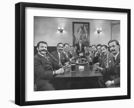 Members of Handlebar Club Sitting at Table and Having Formal Beer Session-Nat Farbman-Framed Photographic Print