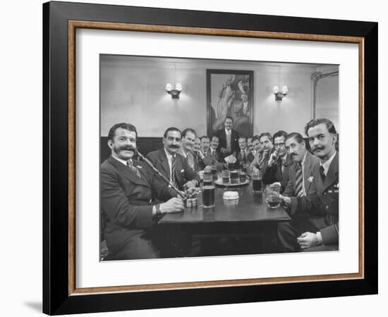 Members of Handlebar Club Sitting at Table and Having Formal Beer Session-Nat Farbman-Framed Photographic Print