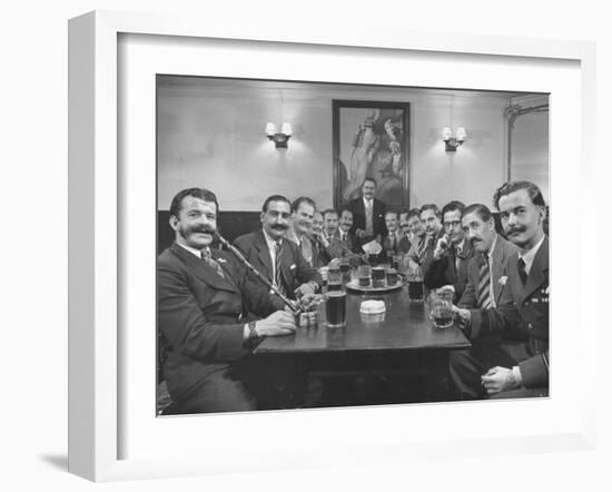 Members of Handlebar Club Sitting at Table and Having Formal Beer Session-Nat Farbman-Framed Photographic Print