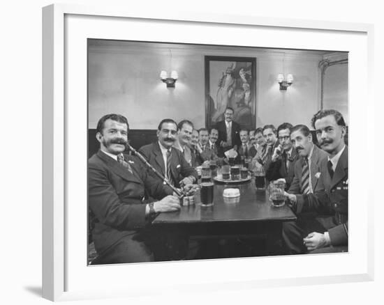 Members of Handlebar Club Sitting at Table and Having Formal Beer Session-Nat Farbman-Framed Photographic Print