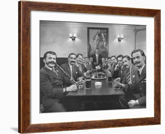 Members of Handlebar Club Sitting at Table and Having Formal Beer Session-Nat Farbman-Framed Photographic Print