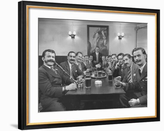 Members of Handlebar Club Sitting at Table and Having Formal Beer Session-Nat Farbman-Framed Photographic Print