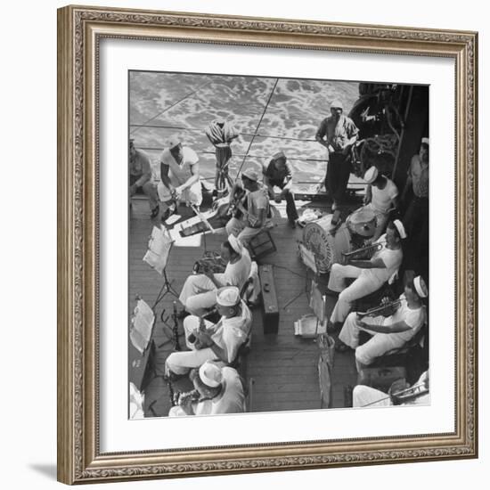 Members of Ship's Band Aboard US Navy Cruiser Playing on Deck, Daily Musical Practice During WWII-Ralph Morse-Framed Photographic Print