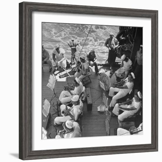 Members of Ship's Band Aboard US Navy Cruiser Playing on Deck, Daily Musical Practice During WWII-Ralph Morse-Framed Photographic Print