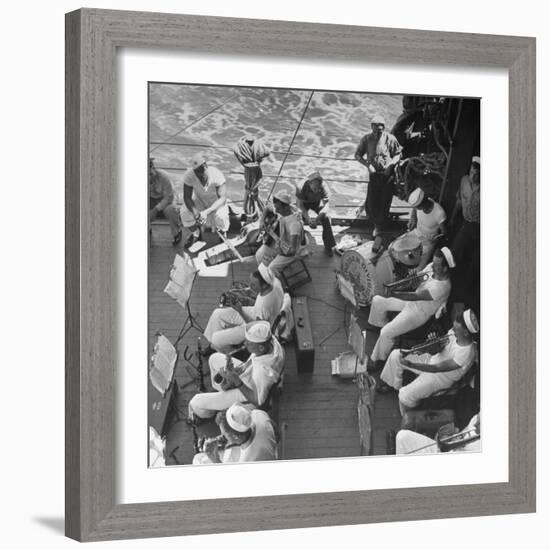 Members of Ship's Band Aboard US Navy Cruiser Playing on Deck, Daily Musical Practice During WWII-Ralph Morse-Framed Photographic Print