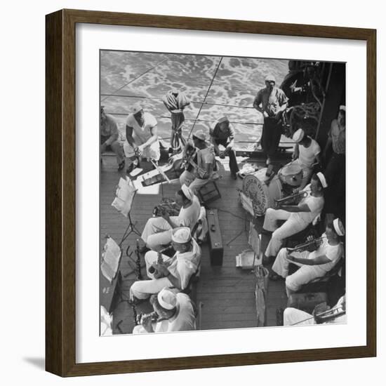 Members of Ship's Band Aboard US Navy Cruiser Playing on Deck, Daily Musical Practice During WWII-Ralph Morse-Framed Photographic Print