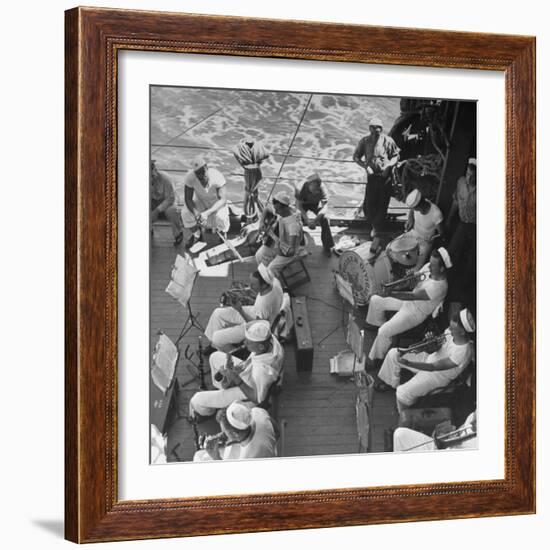 Members of Ship's Band Aboard US Navy Cruiser Playing on Deck, Daily Musical Practice During WWII-Ralph Morse-Framed Photographic Print