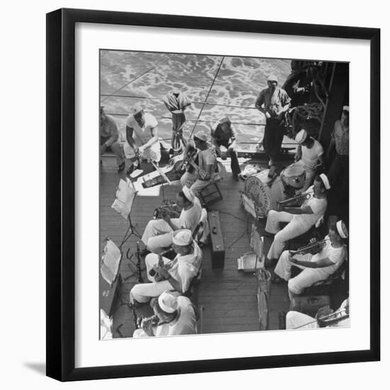 Members of Ship's Band Aboard US Navy Cruiser Playing on Deck, Daily Musical Practice During WWII-Ralph Morse-Framed Photographic Print