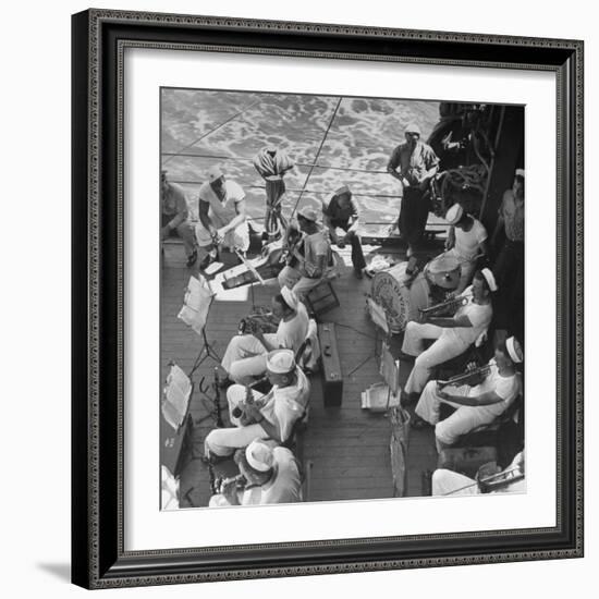 Members of Ship's Band Aboard US Navy Cruiser Playing on Deck, Daily Musical Practice During WWII-Ralph Morse-Framed Photographic Print