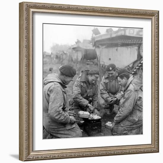 Members of the British 49th Armoured Personnel Carrier Regiment Cooking on the Side of a Road-George Silk-Framed Photographic Print