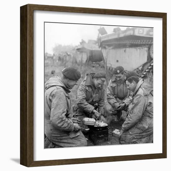 Members of the British 49th Armoured Personnel Carrier Regiment Cooking on the Side of a Road-George Silk-Framed Photographic Print