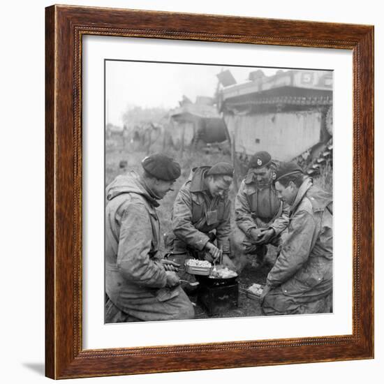 Members of the British 49th Armoured Personnel Carrier Regiment Cooking on the Side of a Road-George Silk-Framed Photographic Print