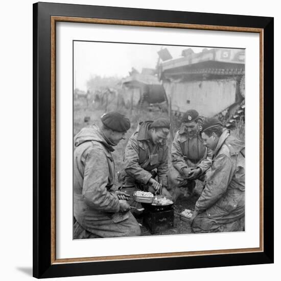 Members of the British 49th Armoured Personnel Carrier Regiment Cooking on the Side of a Road-George Silk-Framed Photographic Print