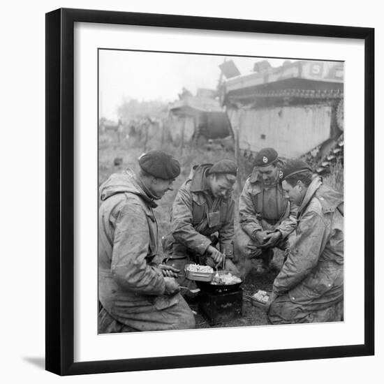 Members of the British 49th Armoured Personnel Carrier Regiment Cooking on the Side of a Road-George Silk-Framed Photographic Print