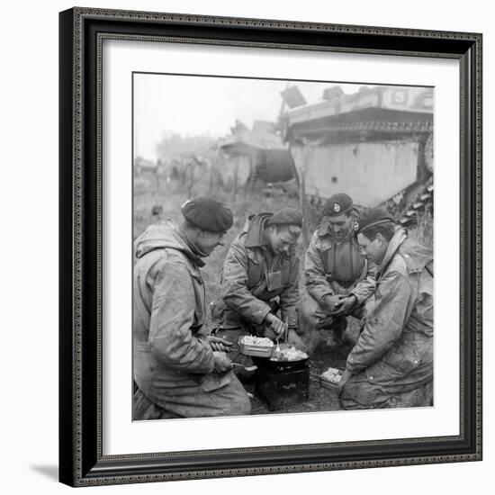 Members of the British 49th Armoured Personnel Carrier Regiment Cooking on the Side of a Road-George Silk-Framed Photographic Print