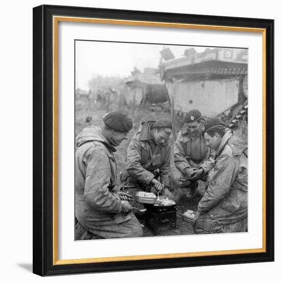 Members of the British 49th Armoured Personnel Carrier Regiment Cooking on the Side of a Road-George Silk-Framed Photographic Print