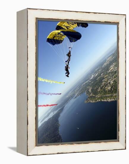 Members of US Navy Parachute Team, the Leap Frogs, Perform Bi-Plane with Parachutes Above Seattle-null-Framed Premier Image Canvas