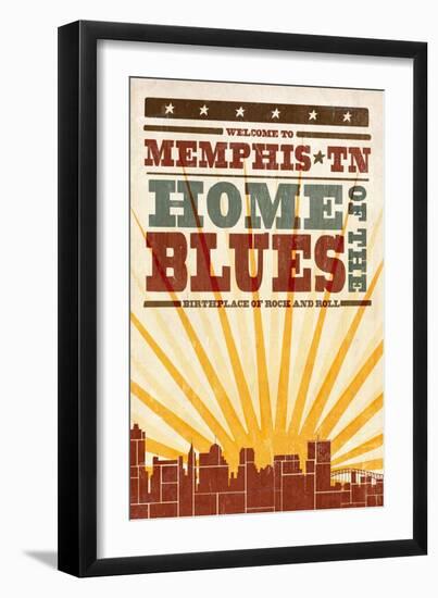 Memphis, Tennessee - Skyline and Sunburst Screenprint Style-Lantern Press-Framed Art Print