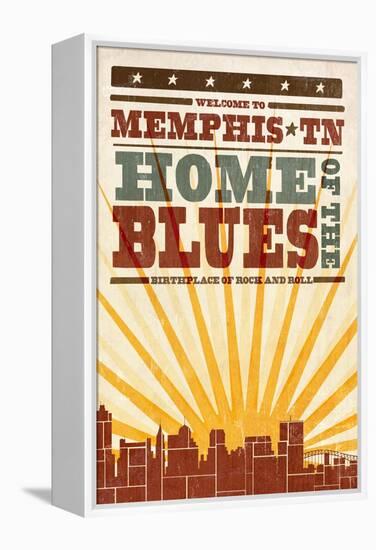 Memphis, Tennessee - Skyline and Sunburst Screenprint Style-Lantern Press-Framed Stretched Canvas