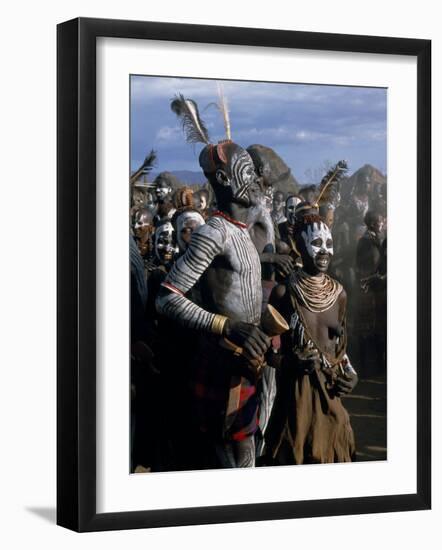 Men and Women Dance Together in the Karo Village of Duss, Omo Delta, Ethiopia-John Warburton-lee-Framed Photographic Print