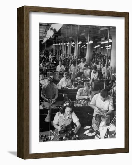 Men and Women Working in the Compass Assembly Room at the Sperry Gyroscope Plant During WWII-null-Framed Photographic Print