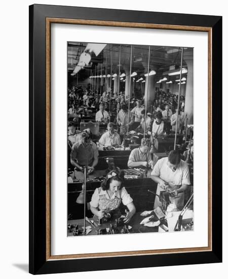Men and Women Working in the Compass Assembly Room at the Sperry Gyroscope Plant During WWII-null-Framed Photographic Print