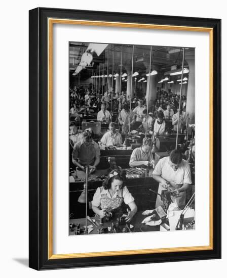 Men and Women Working in the Compass Assembly Room at the Sperry Gyroscope Plant During WWII-null-Framed Photographic Print