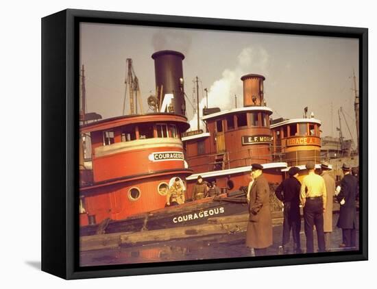 Men at pier looking at 3 Tugboats, One Named "Courageous" with Crewmen on Deck-Andreas Feininger-Framed Premier Image Canvas