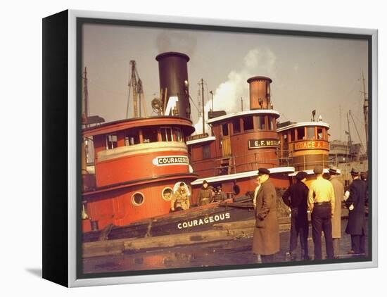 Men at pier looking at 3 Tugboats, One Named "Courageous" with Crewmen on Deck-Andreas Feininger-Framed Premier Image Canvas