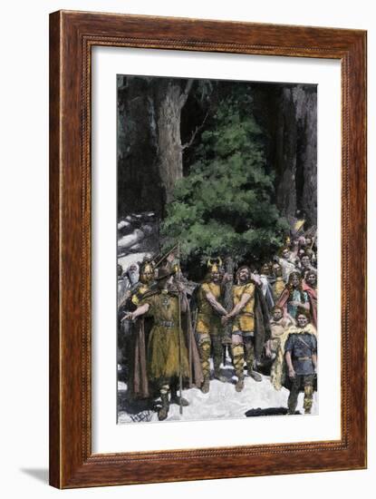 Men Bringing the First Christmas Tree to the Village-null-Framed Giclee Print