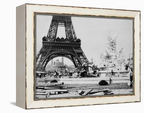 Men Building the Fountain St. Vidal near the Eiffel Tower, Paris Exposition, c.1889-null-Framed Stretched Canvas