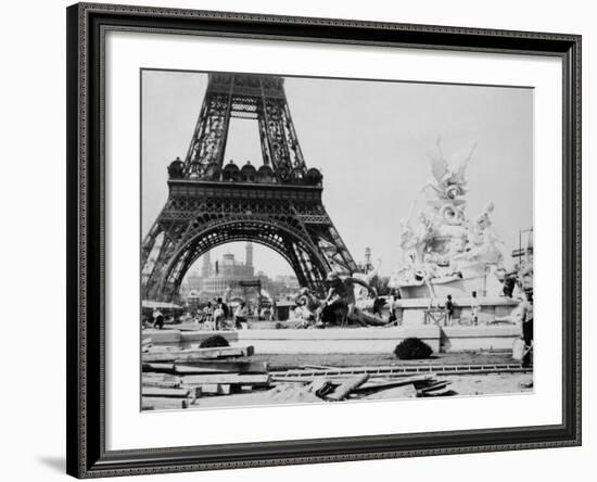 Men Building the Fountain St. Vidal near the Eiffel Tower, Paris Exposition, c.1889-null-Framed Photo