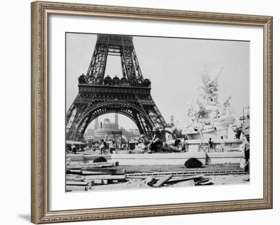 Men Building the Fountain St. Vidal near the Eiffel Tower, Paris Exposition, c.1889--Framed Photo