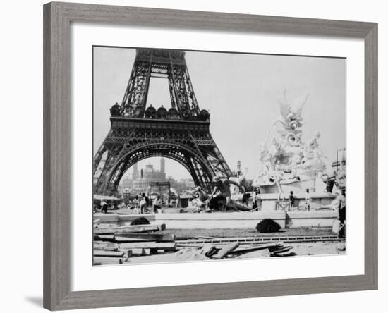 Men Building the Fountain St. Vidal near the Eiffel Tower, Paris Exposition, c.1889-null-Framed Photo