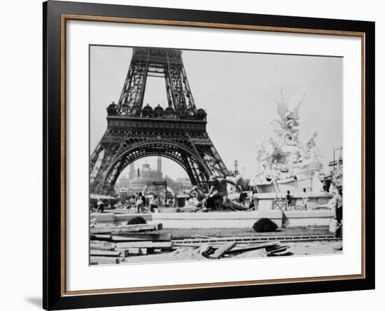 Men Building the Fountain St. Vidal near the Eiffel Tower, Paris Exposition, c.1889-null-Framed Photo