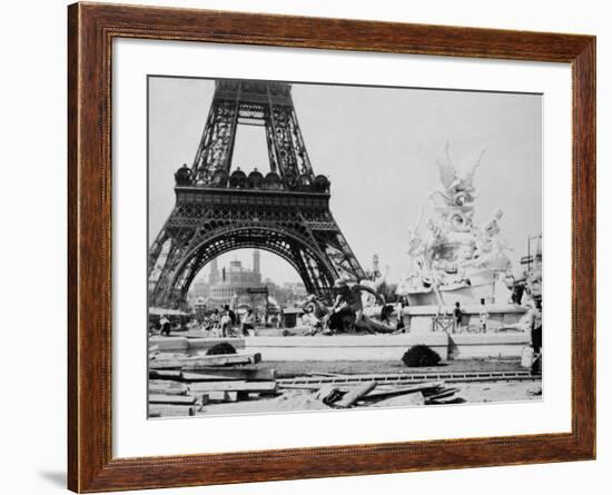 Men Building the Fountain St. Vidal near the Eiffel Tower, Paris Exposition, c.1889-null-Framed Photo