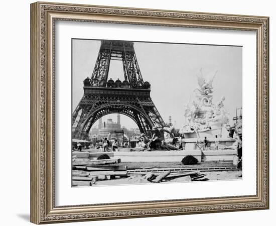 Men Building the Fountain St. Vidal near the Eiffel Tower, Paris Exposition, c.1889-null-Framed Photo