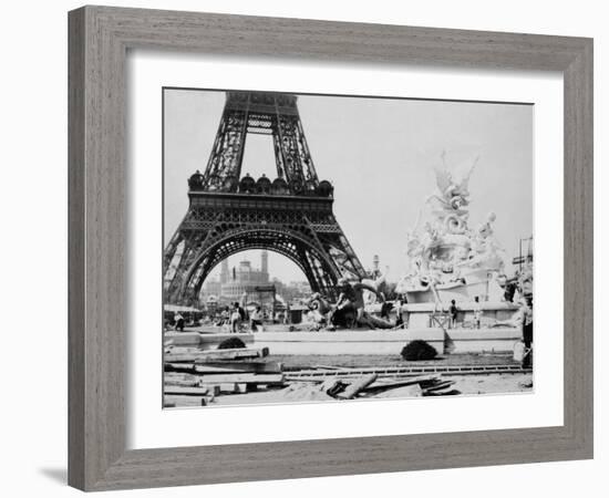 Men Building the Fountain St. Vidal near the Eiffel Tower, Paris Exposition, c.1889-null-Framed Photo