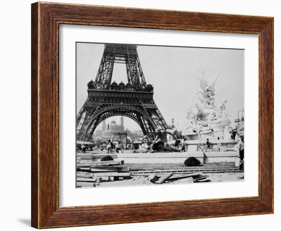 Men Building the Fountain St. Vidal near the Eiffel Tower, Paris Exposition, c.1889-null-Framed Photo