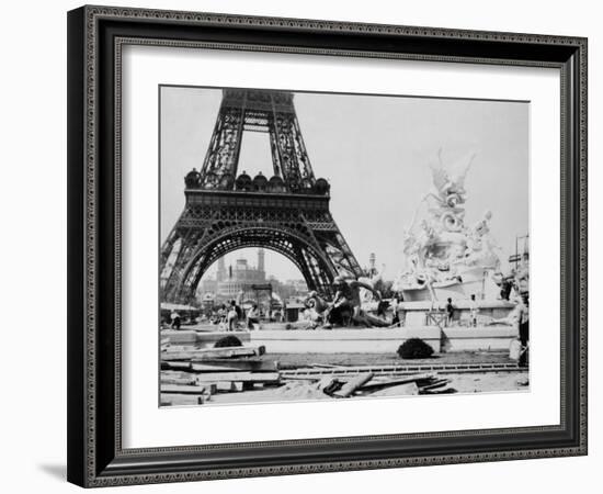 Men Building the Fountain St. Vidal near the Eiffel Tower, Paris Exposition, c.1889-null-Framed Photo