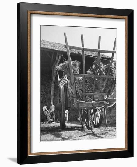 Men Constructing a Wheat Wreath Behind a Wheat Filled Wagon During the Harvest Season-Hans Wild-Framed Photographic Print