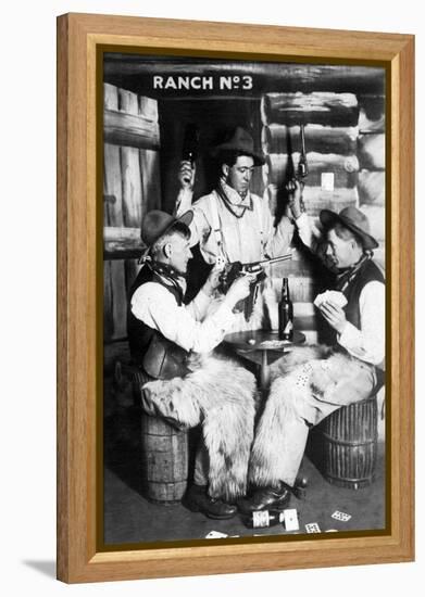 Men Dressed as Cowboys with Bottles of Whiskey, Pistols-Lantern Press-Framed Stretched Canvas