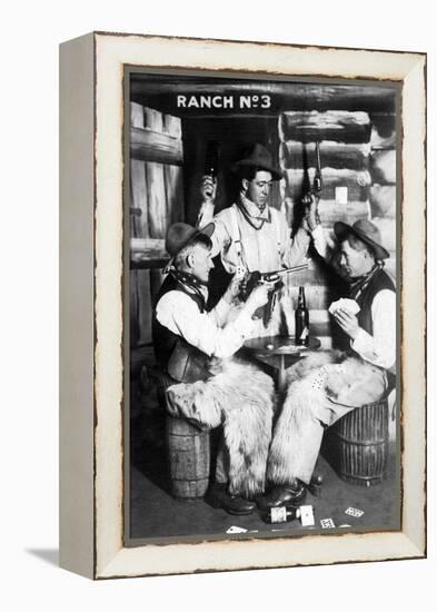 Men Dressed as Cowboys with Bottles of Whiskey, Pistols-Lantern Press-Framed Stretched Canvas