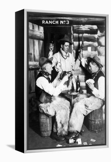 Men Dressed as Cowboys with Bottles of Whiskey, Pistols-Lantern Press-Framed Stretched Canvas