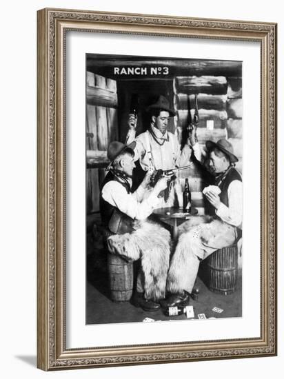 Men Dressed as Cowboys with Bottles of Whiskey, Pistols-Lantern Press-Framed Art Print