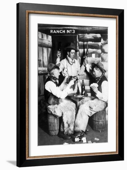 Men Dressed as Cowboys with Bottles of Whiskey, Pistols-Lantern Press-Framed Art Print