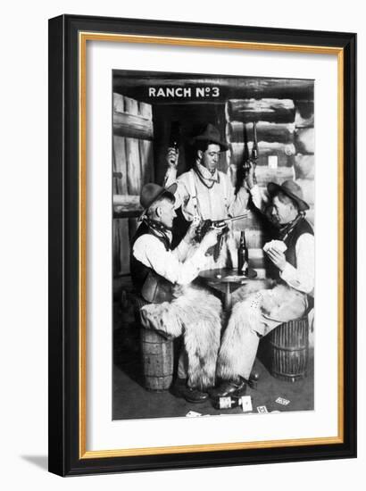 Men Dressed as Cowboys with Bottles of Whiskey, Pistols-Lantern Press-Framed Art Print