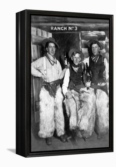 Men Dressed as Cowboys with Bottles of Whiskey-Lantern Press-Framed Stretched Canvas