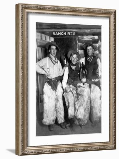 Men Dressed as Cowboys with Bottles of Whiskey-Lantern Press-Framed Art Print